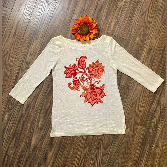 🌻5/$25🌻LOFT Outlet Red Paisley and Floral Pattern Boat Neck Top | SMALL | - Picture 1 of 6